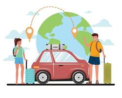 Young happy woman and man getting ready for the travel by car. vector