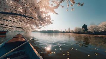 Tourists rowing boats on a lake under beautiful cherry blossom trees. . photo