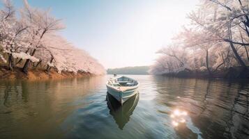 turistas remo barcos en un lago debajo hermosa Cereza florecer arboles generativo ai. foto