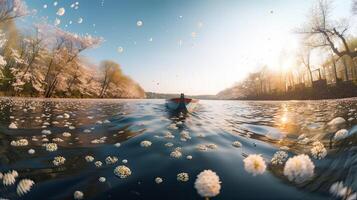 Tourists rowing boats on a lake under beautiful cherry blossom trees. . photo