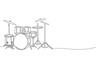 One line continuous drum kit, drum set, trap set, drums line art illustration. vector