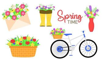 Set of flowers spring in bouquet. Envelope, boots, vase, basket and bicycle with flower. vector