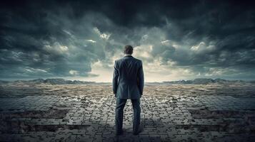 Rearview the businessman walking toward to concrete Maze. Businessman in front of a vast maze. Business and life concept. . photo