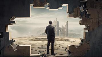 Rearview the businessman walking toward to concrete Maze. Businessman in front of a vast maze. Business and life concept. . photo