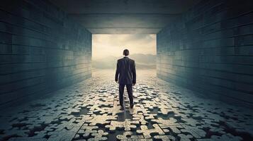 Rearview the businessman walking toward to concrete Maze. Businessman in front of a vast maze. Business and life concept. . photo