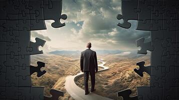 Rearview the businessman walking toward to concrete Maze. Businessman in front of a vast maze. Business and life concept. . photo