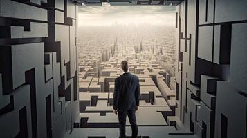 Rearview the businessman walking toward to concrete Maze. Businessman in front of a vast maze. Business and life concept. . photo