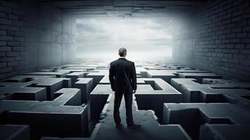 Rearview the businessman walking toward to concrete Maze. Businessman in front of a vast maze. Business and life concept. . photo