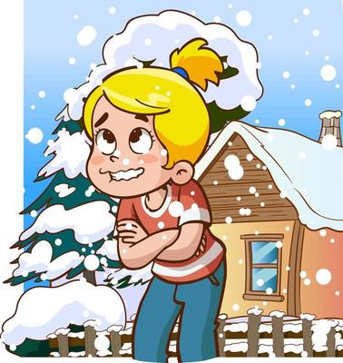 Shivering boy feeling cold, freezing temperature, cold weather.