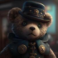 Teddy bear wearing a hat and dressed in a steampunk outfit. Steampunk. photo