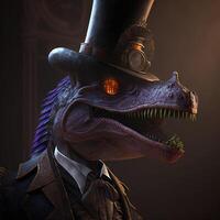 Dinosaur wearing a hat and dressed in a steampunk outfit. Steampunk. photo