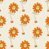 Hippie seamless pattern with smiling bright orange daisy flowers. Retro 70s vector illustration. Groovy cartoon style.
