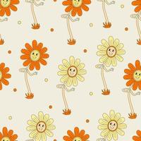 Hippie seamless pattern with smiling daisy flowers. Retro 70s vector illustration. Groovy cartoon styleWeb