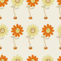 Hippie seamless pattern with smiling yellow and orange daisy flowers. Retro 70s vector illustration. Groovy cartoon style.