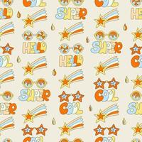 Hippie seamless pattern with star comets, cool glasses and letterings. Retro 70s vector illustration. Groovy cartoon style.