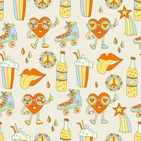 Hippie seamless pattern with cool elements lips, hearts, rollers, bottles of lemonade and peace signs. Retro 70s vector illustration. Groovy cartoon style.