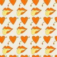 Hippie seamless pattern with hearts pierced by arrows, lips and tongue. Retro 70s vector illustration. Groovy cartoon style.