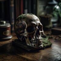 antiguo cráneo en mesa. generativo ai. foto