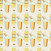 Hippie seamless pattern with cool with bottles of lemonade and drinks. Retro 70s vector illustration. Groovy cartoon style.