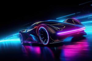 futurista Deportes coche en neón carretera. poderoso aceleración de un superdeportivo en un noche pista con vistoso luces y caminos. 3d ilustración. generativo ai. foto