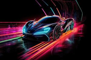 Futuristic Sports Car On Neon Highway. Powerful acceleration of a supercar on a night track with colorful lights and trails. 3d illustration. . photo