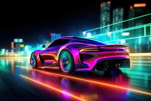 Futuristic Sports Car On Neon Highway. Powerful acceleration of a supercar on a night track with colorful lights and trails. 3d illustration. Generative Ai. photo