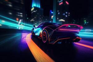 futurista Deportes coche en neón carretera. poderoso aceleración de un superdeportivo en un noche pista con vistoso luces y caminos. 3d ilustración. generativo ai. foto