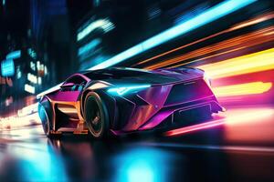 Futuristic Sports Car On Neon Highway. Powerful acceleration of a supercar on a night track with colorful lights and trails. 3d illustration. . photo