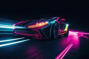 futurista Deportes coche en neón carretera. poderoso aceleración de un superdeportivo en un noche pista con vistoso luces y caminos. 3d ilustración. generativo ai. foto