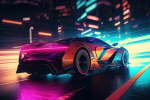 Futuristic Sports Car On Neon Highway. Powerful acceleration of a supercar on a night track with colorful lights and trails. 3d illustration. Generative Ai. photo