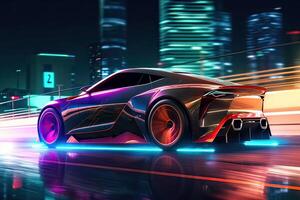 futurista Deportes coche en neón carretera. poderoso aceleración de un superdeportivo en un noche pista con vistoso luces y caminos. 3d ilustración. generativo ai. foto