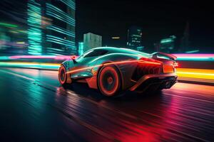 futurista Deportes coche en neón carretera. poderoso aceleración de un superdeportivo en un noche pista con vistoso luces y caminos. 3d ilustración. generativo ai. foto