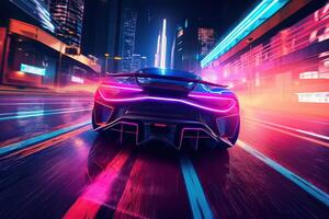 Futuristic Sports Car On Neon Highway. Powerful acceleration of a supercar on a night track with colorful lights and trails. 3d illustration. . photo