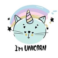 Catcorn. Lovely cartoon cat unicorn face and lettering text on white background. Cute vector for clothing print and children t-shirt for girl