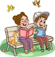 niños aprender desde libros. chico y niña leyendo hada cuentos juntos. vistoso dibujos animados caracteres. gracioso vector ilustración. aislado en blanco antecedentes