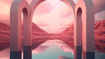 illustration of an Abstract summer landscape scene with geometric form. ocean beach view. 3d rendering. . photo
