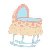 Bassinet decorated with chamomile flowers in color doodle style. Flat style with outline. Hand drawn vector illustration isolated on white background. Newborn bed. Pastel colors, pink, blue, beige.