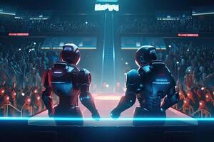 Two robotic red and blue color were characters fighting battle in a futuristic science fiction city. . photo
