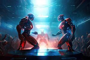 dos robótico rojo y azul color fueron caracteres luchando batalla en un futurista Ciencias ficción ciudad. generativo ai. foto
