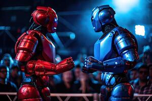 Two robotic red and blue color were characters fighting battle in a futuristic science fiction city. Generative Ai. photo