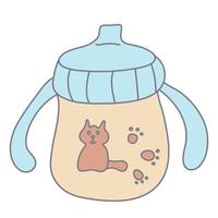 Sippy cup with handles decorated with a cat in color doodle style. Drinking cup for toddlers. Baby care and feeding theme. Flat style with outline. Hand drawn vector illustration isolated on white.