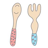 Baby fork and spoon. Flat style with outline. Hand drawn vector illustration isolated on white background. Pastel colors, pink, blue, beige. Toddler feeding theme.