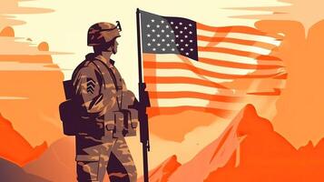 Ilustracion de Estados Unidos Ejército soldado con nación bandera. saludo tarjeta para veteranos día , monumento día, independencia día . America celebracion. generativo ai. foto
