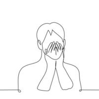 man covered the lower part of his face with his hands - one line drawing vector. concept strong surprise, shock, hide emotions vector
