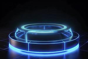 Portal and hologram futuristic Neon color circle elements. Standard podium or studio futuristic pedestal round platform showroom. Circle stage and blue neon light. Science fiction 3D illustration photo