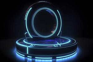 Portal and hologram futuristic Neon color circle elements. Standard podium or studio futuristic pedestal round platform showroom. Circle stage and blue neon light. Science fiction 3D illustration photo