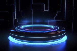 Portal and hologram futuristic Neon color circle elements. Standard podium or studio futuristic pedestal round platform showroom. Circle stage and blue neon light. Science fiction 3D illustration photo