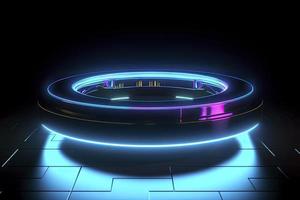 Portal and hologram futuristic Neon color circle elements. Standard podium or studio futuristic pedestal round platform showroom. Circle stage and blue neon light. Science fiction 3D illustration photo