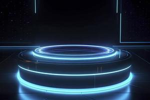 Portal and hologram futuristic Neon color circle elements. Standard podium or studio futuristic pedestal round platform showroom. Circle stage and blue neon light. Science fiction 3D illustration photo