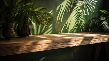 wooden table for show product display and presentation, summer and palm leaves background, copy space. . photo